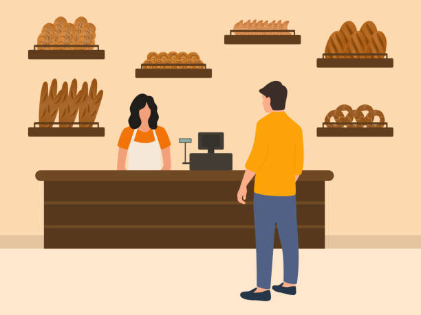 Bakery Shop With Bread, Baguettes, Croissants, Bagels And Cinnamon Rolls. Cashier Standing At Checkout Counter And Customer Buying Bread. Bakery Shop With Bread, Baguettes, Croissants, Bagels And Cinnamon Rolls. Cashier Standing At Checkout Counter And Customer Buying Bread. Baking Customer Service stock illustrations