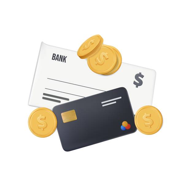 Financial instruments 3D icons set, plastic credit debit card, bank cheque, checkbook, coins. Personal money, cash Financial instruments 3D icons set, plastic credit debit card, bank cheque, checkbook, coins. Personal money, cash and cashless finance, payment methods. 3D render vector illustration isolated white Cheque stock illustrations
