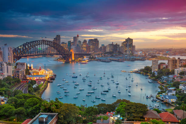 Sydney. Cityscape image of Sydney, Australia with Harbour Bridge and Sydney skyline during sunset. Travelling to Australia  stock pictures, royalty-free photos & images